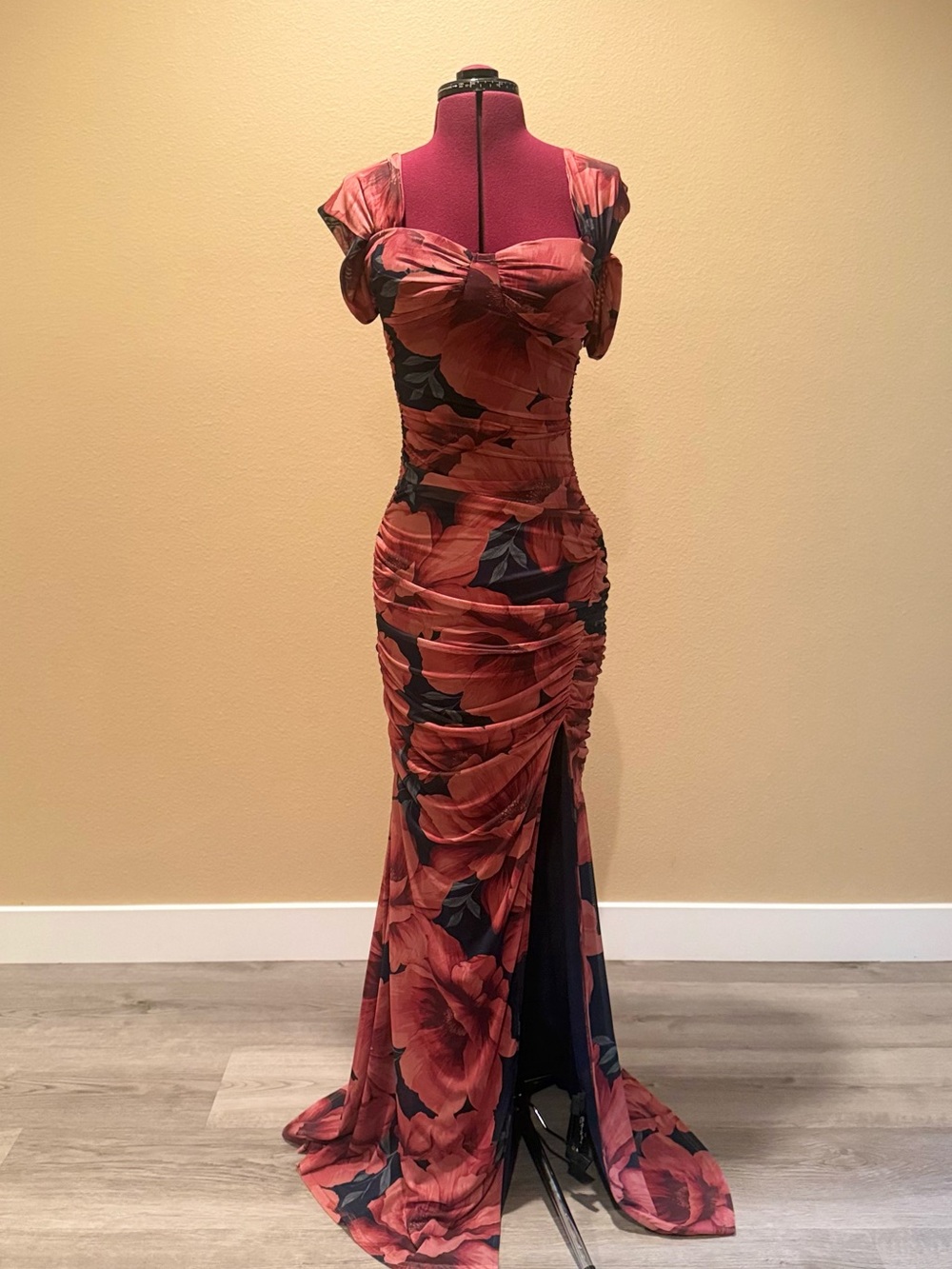 Windsor Red Floral Ruched Maxi Dress